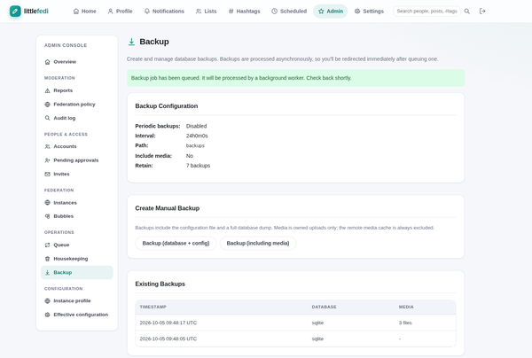 Backup management in LittleFedi