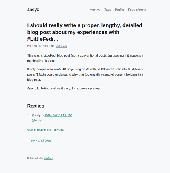 Screenshot of a blog post in LittleFedi. Single centred content. Minimal, monochrome.