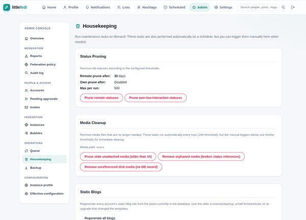 Screenshot of the LittleFedi Housekeeping screen enabling automatic period purging of old content.