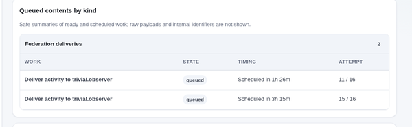 Screenshot showing LittleFedi connection failures to trivial.observer