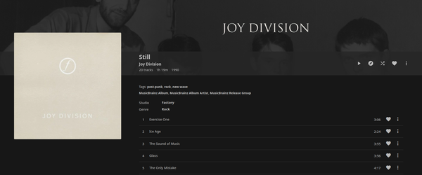 Screenshot of Jellyfin media player playing 'Still' by Joy Division.