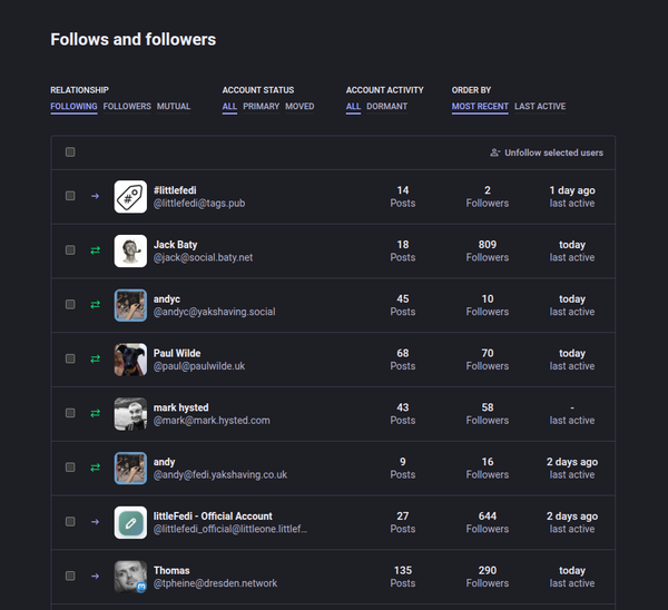Screenshot of Tusky displaying Follows with Last Active/Posts fields displayed