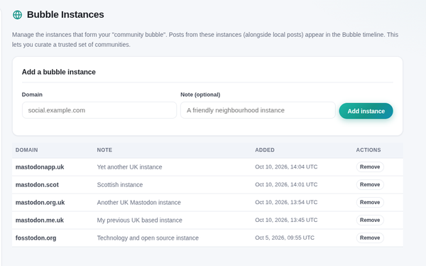 Screenshot of LittleFedi's Bubbles configuration pages showing UK based instances.